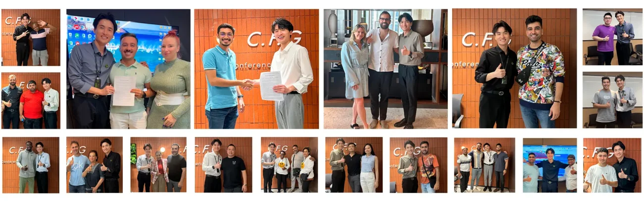 Photo collage of Cody with international clients shaking hands, signing contracts, and posing in the office