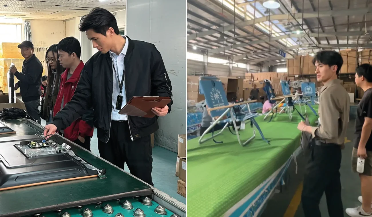 如何从中国采购建筑材料 2 On-site inspection at a TV factory and an outdoor chair production line in China.