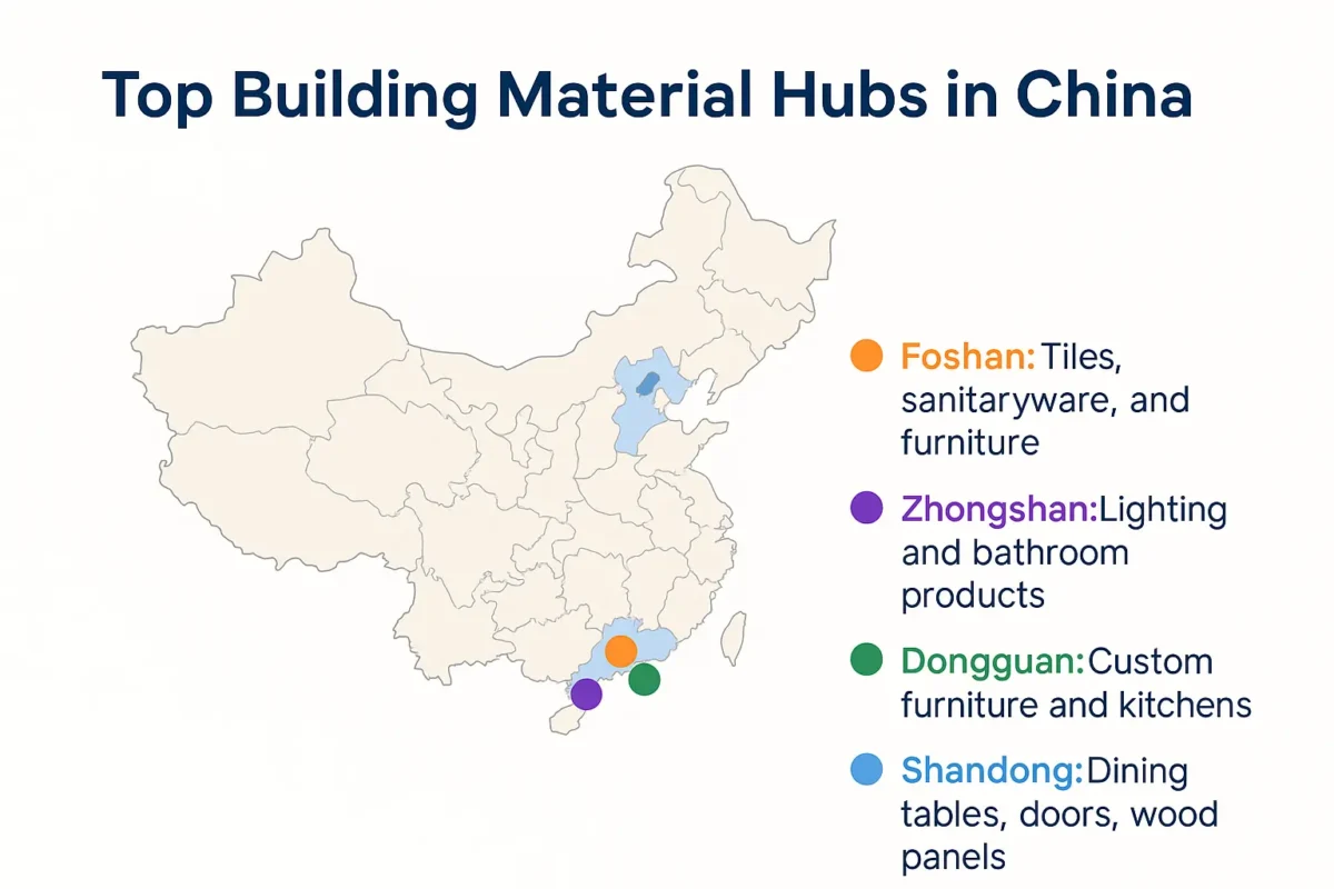 如何从中国采购建筑材料 1 Infographic showing top sourcing cities in China: Foshan for tiles and furniture, Zhongshan for lighting, Dongguan for custom furniture, Shandong for wood panels
