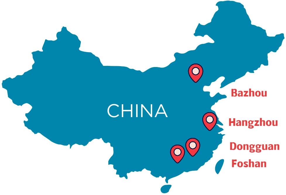 Cómo comprar muebles en China en 2025 - Guía completa 1 Map showing top cities in China for sourcing furniture: Dongguan, Foshan, Bazhou, and Hangzhou