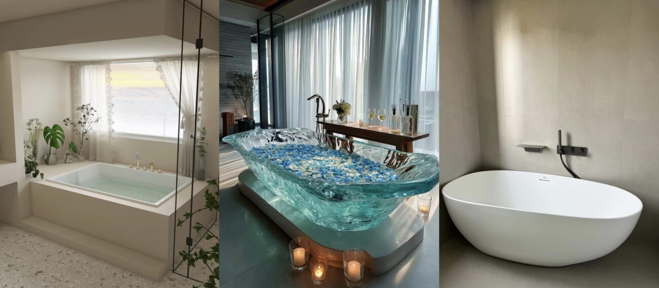 Different types of bathtubs including built-in bathtub, artistic freestanding tub, and minimalist standalone bathtub