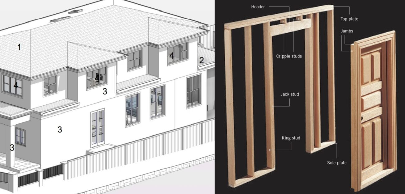 Door and window structural diagram showing residential building layout and wooden door frame components