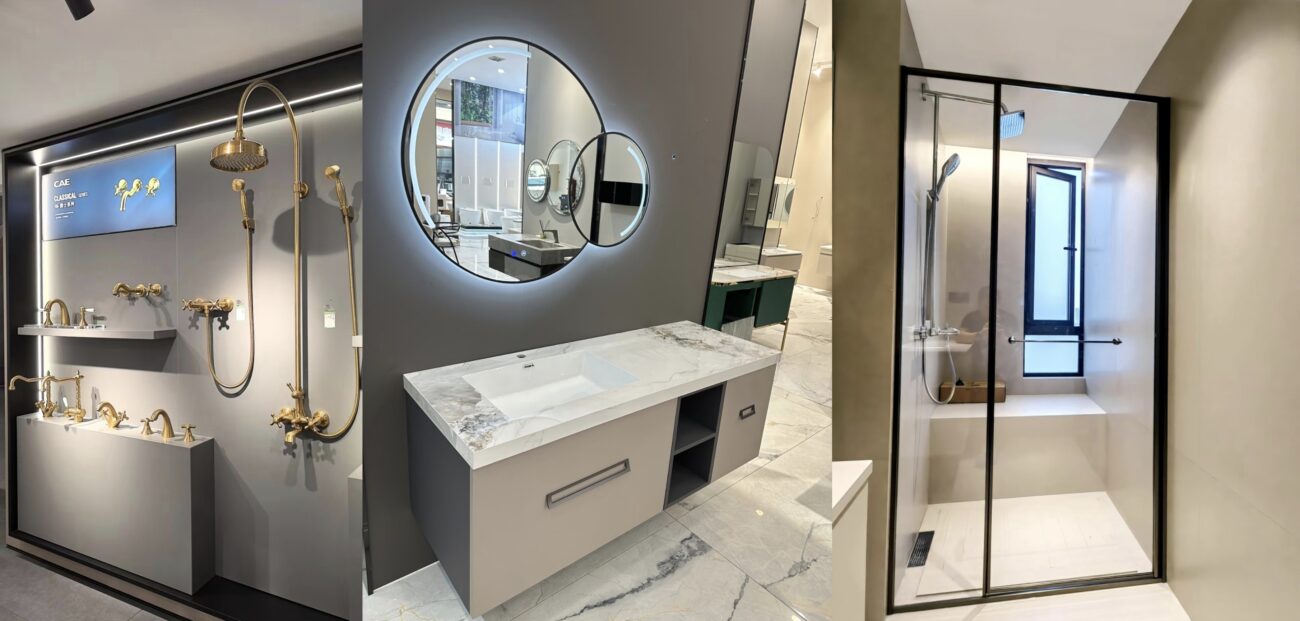 Modern bathroom fixtures including faucets, vanity cabinet, LED mirror, and glass shower enclosure displayed in a showroom