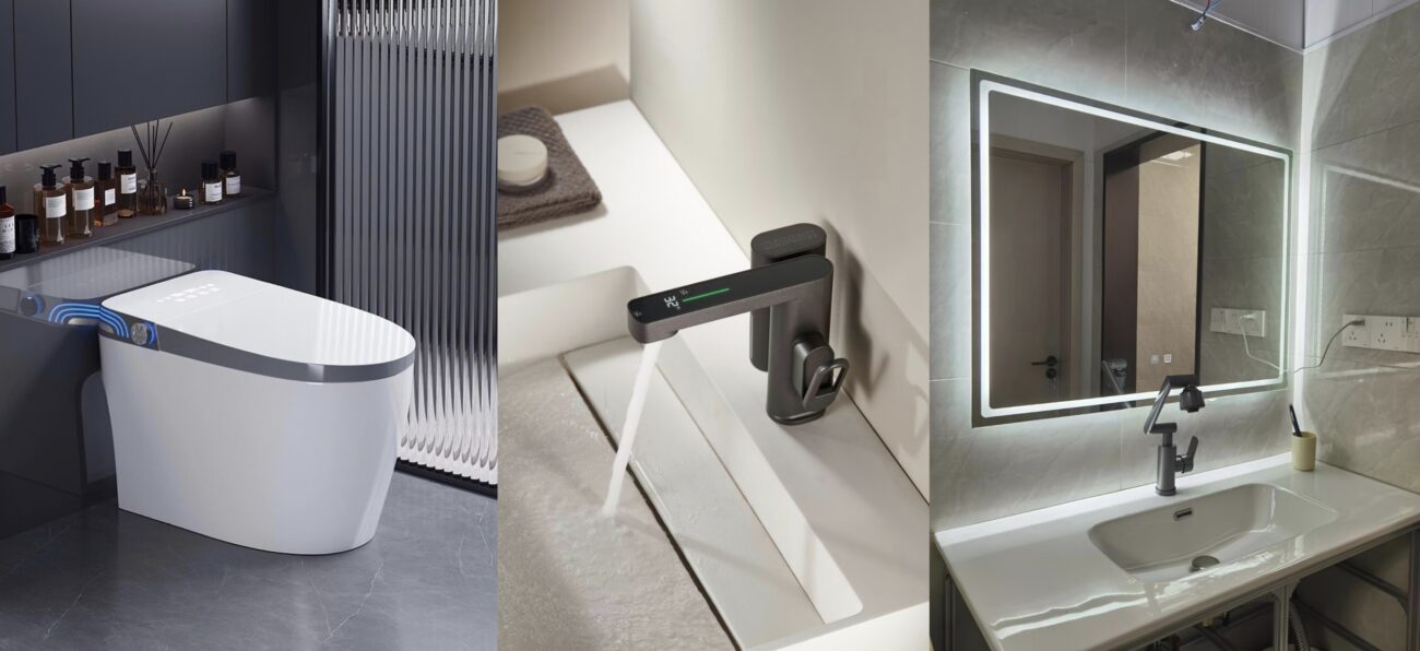 Smart toilet, digital faucet, and LED bathroom mirror in a modern bathroom setting