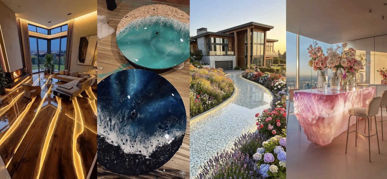 Luxury interior design featuring epoxy resin flooring with artistic lighting effects