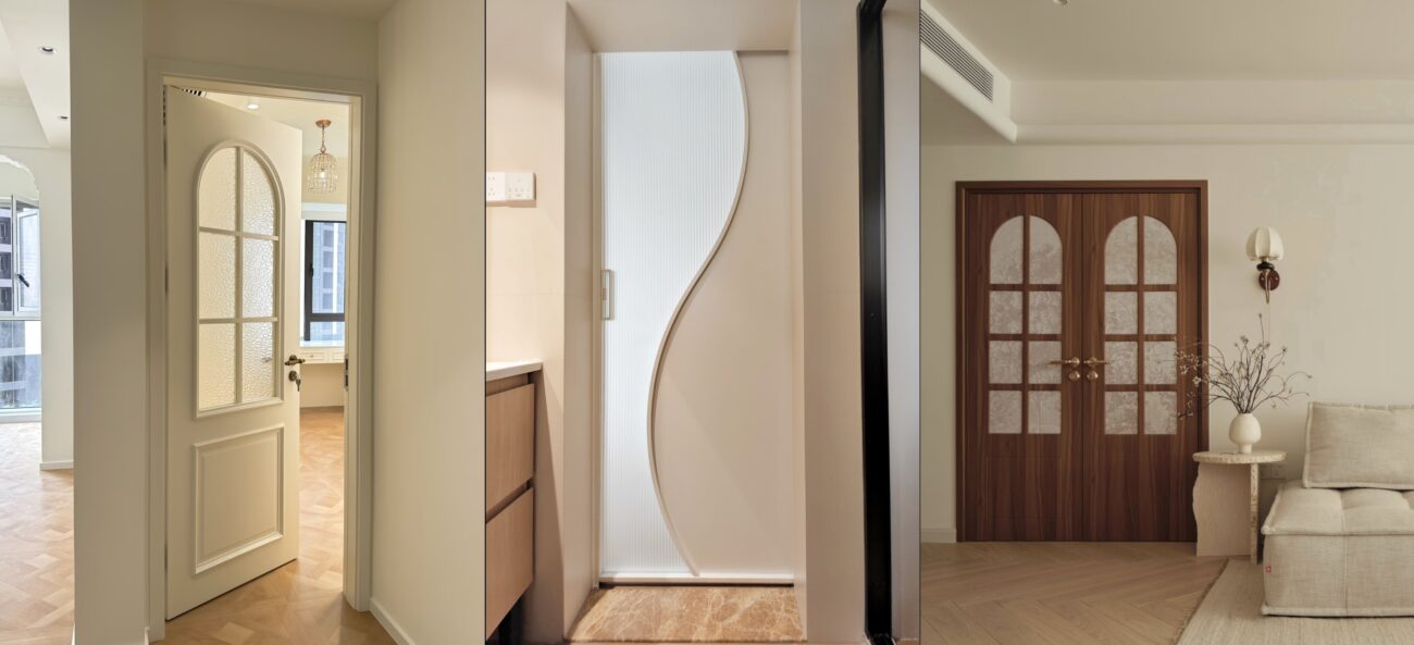 Modern interior door designs featuring arched doors, curved glass panels, and wooden double doors for residential spaces