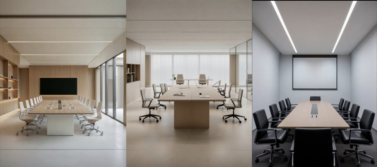 Modern conference room furniture with large meeting table and ergonomic chairs