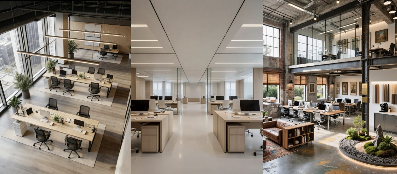 Modern open-plan office interior with customized workstations and natural lighting