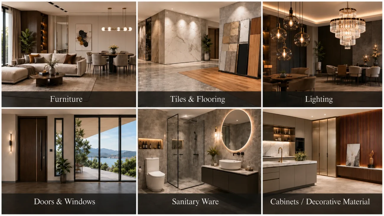 Furniture, tiles, lighting, doors, windows and sanitary ware sourced from China for overseas projects