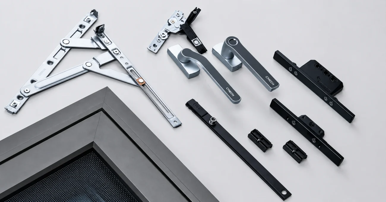 Door and window hardware hinges handles locks and sliding tracks