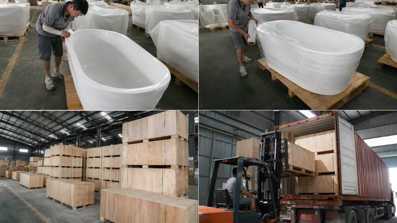 Bathtub Manufacturers in China: Acrylic vs Solid Surface Freestanding Tub Guide 5 bathtub packaging inspection and container loading China