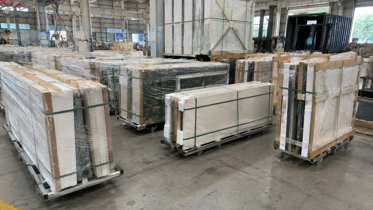 sintered stone wooden crate packaging and loading