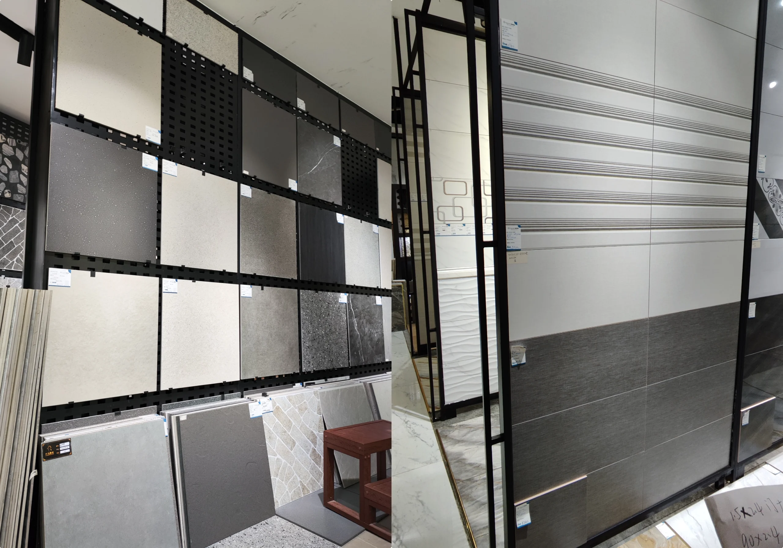 Tile Quality Control in China: How to Check Shade, Caliber, Flatness, Water Absorption and Packing 3 Ceramic wall and floor tile samples in various colors, textures, and patterns displayed on showroom racks.