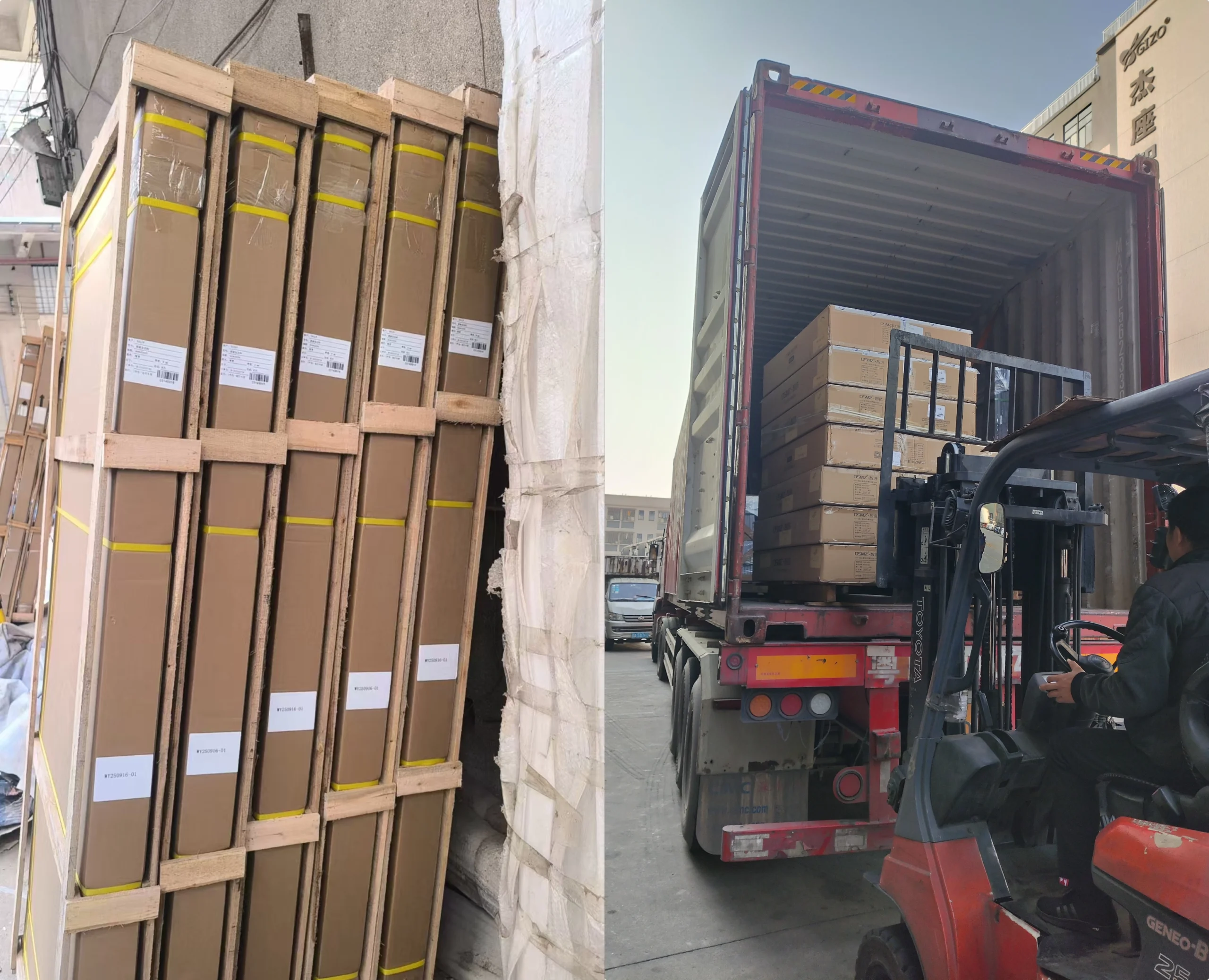 Tile Quality Control in China: How to Check Shade, Caliber, Flatness, Water Absorption and Packing 7 Packaged goods secured in wooden frames beside a forklift loading cardboard cartons into a shipping container in China.