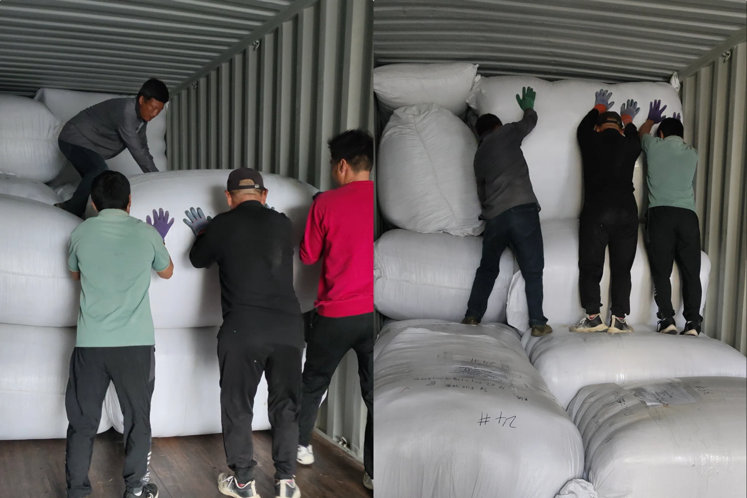Workers manually loading and stacking large white bulk bags inside a shipping container in China.