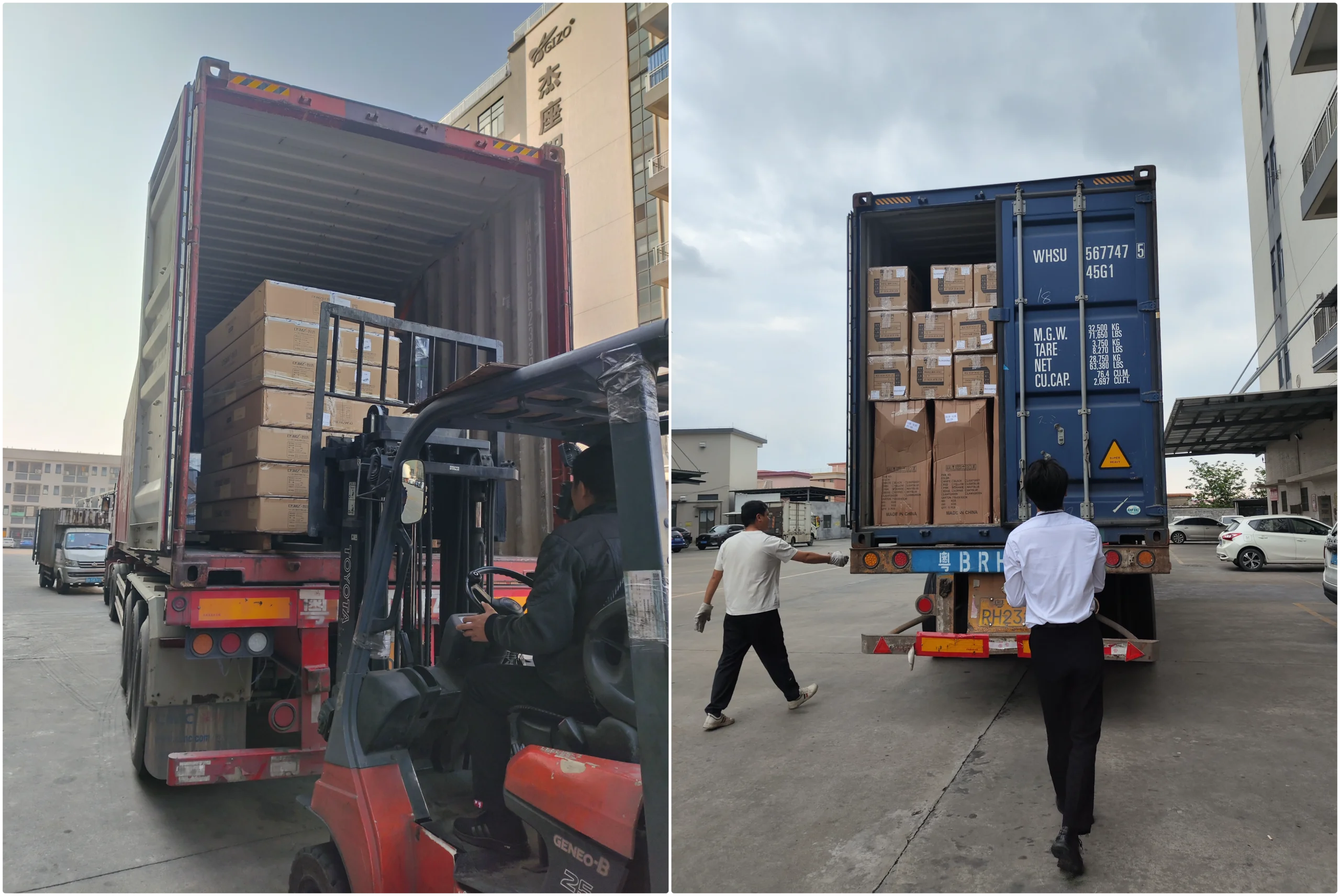 Workers loading cartons into a shipping container with a forklift under on-site supervision in China.