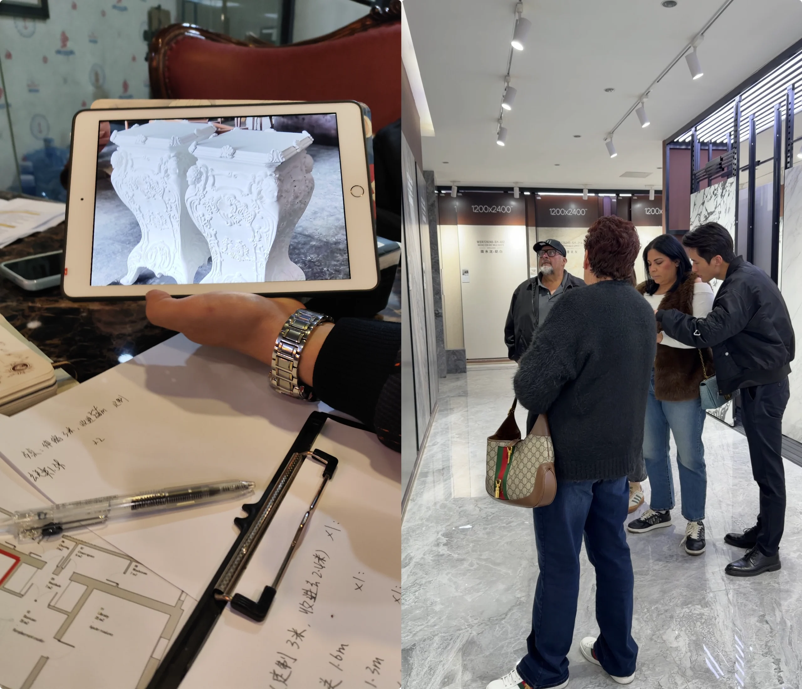International clients reviewing stone slab samples in a Chinese showroom while discussing custom furniture designs on a tablet.
