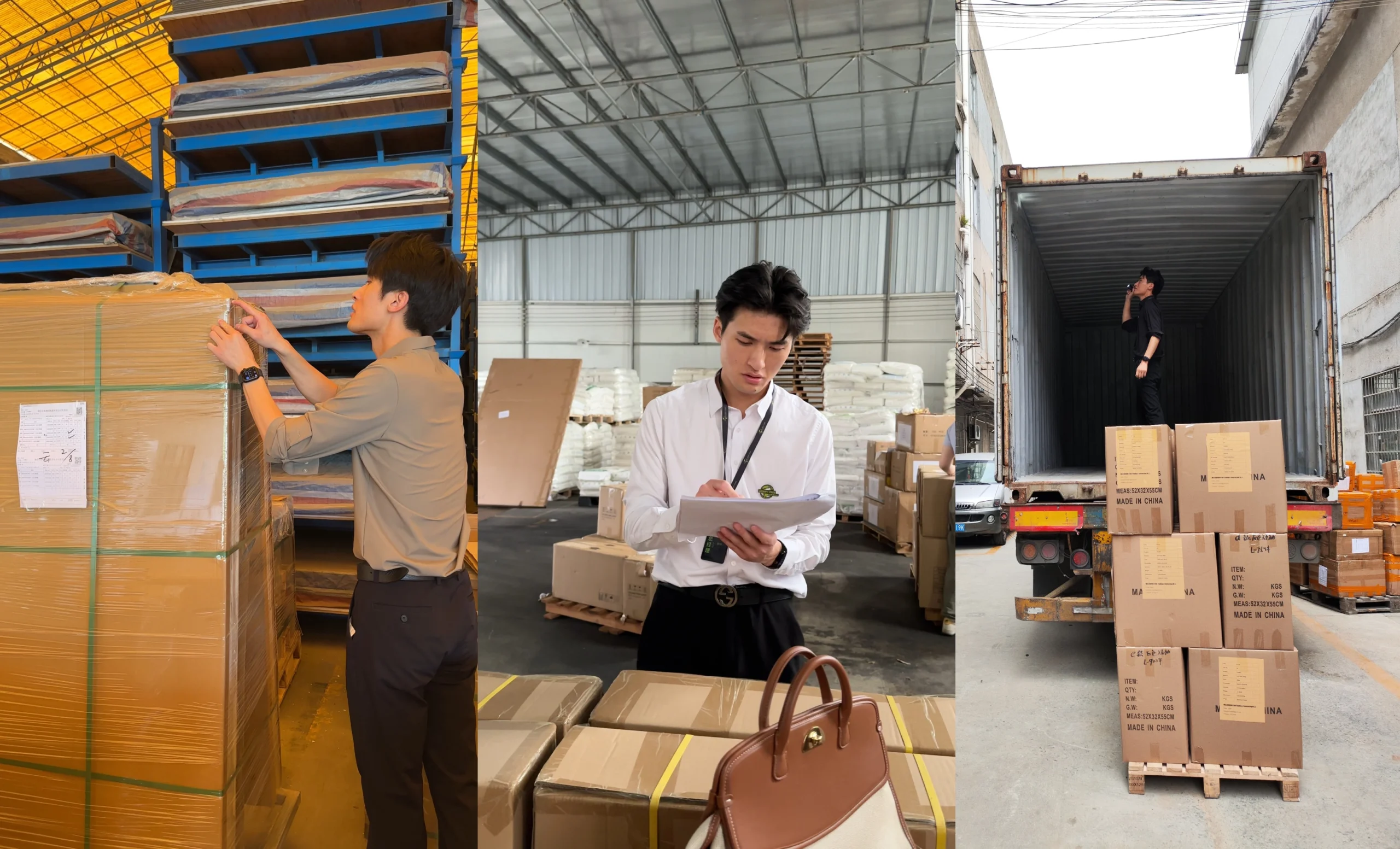 Tile Quality Control in China: How to Check Shade, Caliber, Flatness, Water Absorption and Packing 8 China sourcing team inspecting packaged goods, checking shipment records, and supervising container loading.
