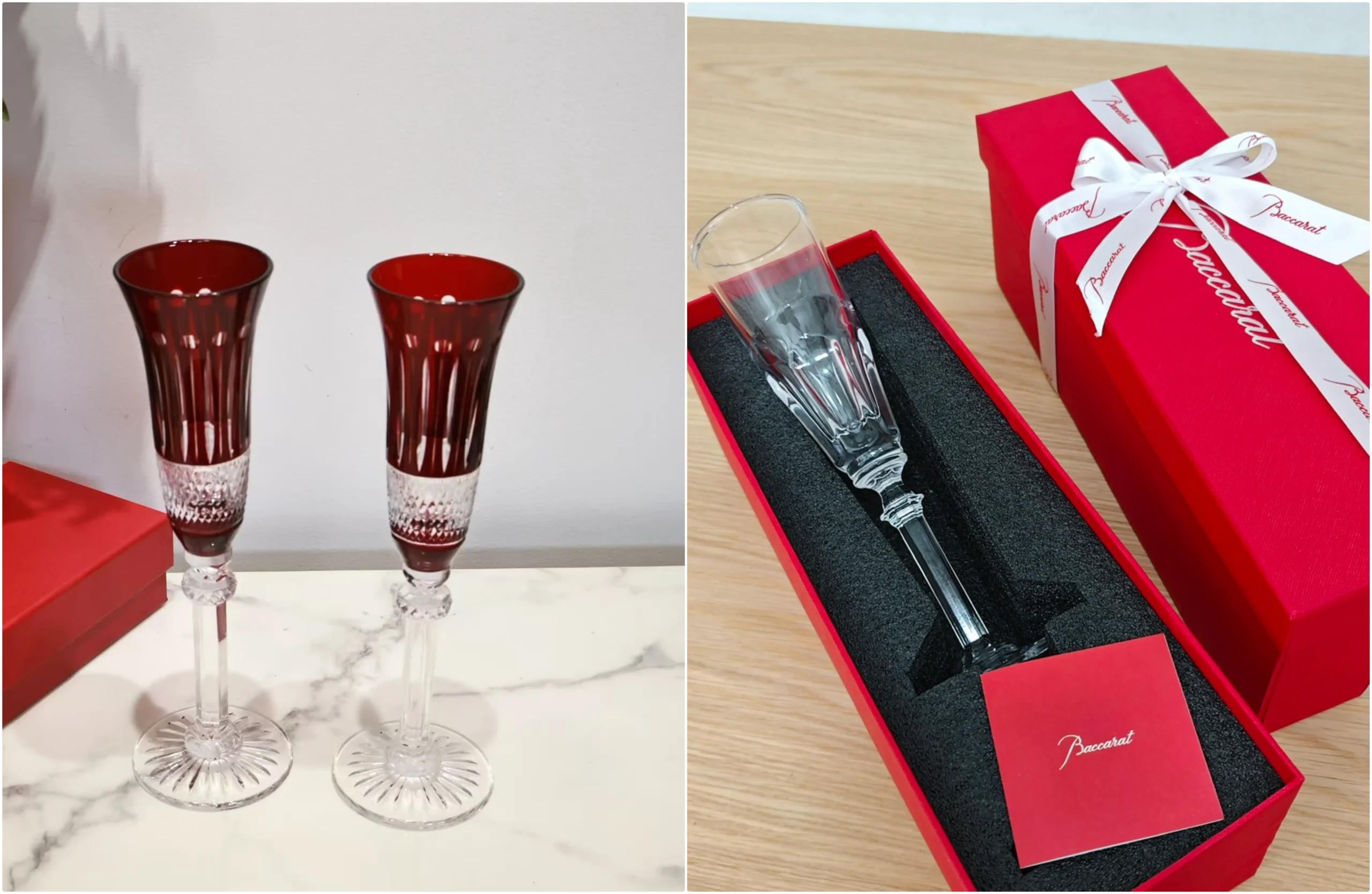 Red and clear crystal champagne flutes displayed beside a luxury red gift box
