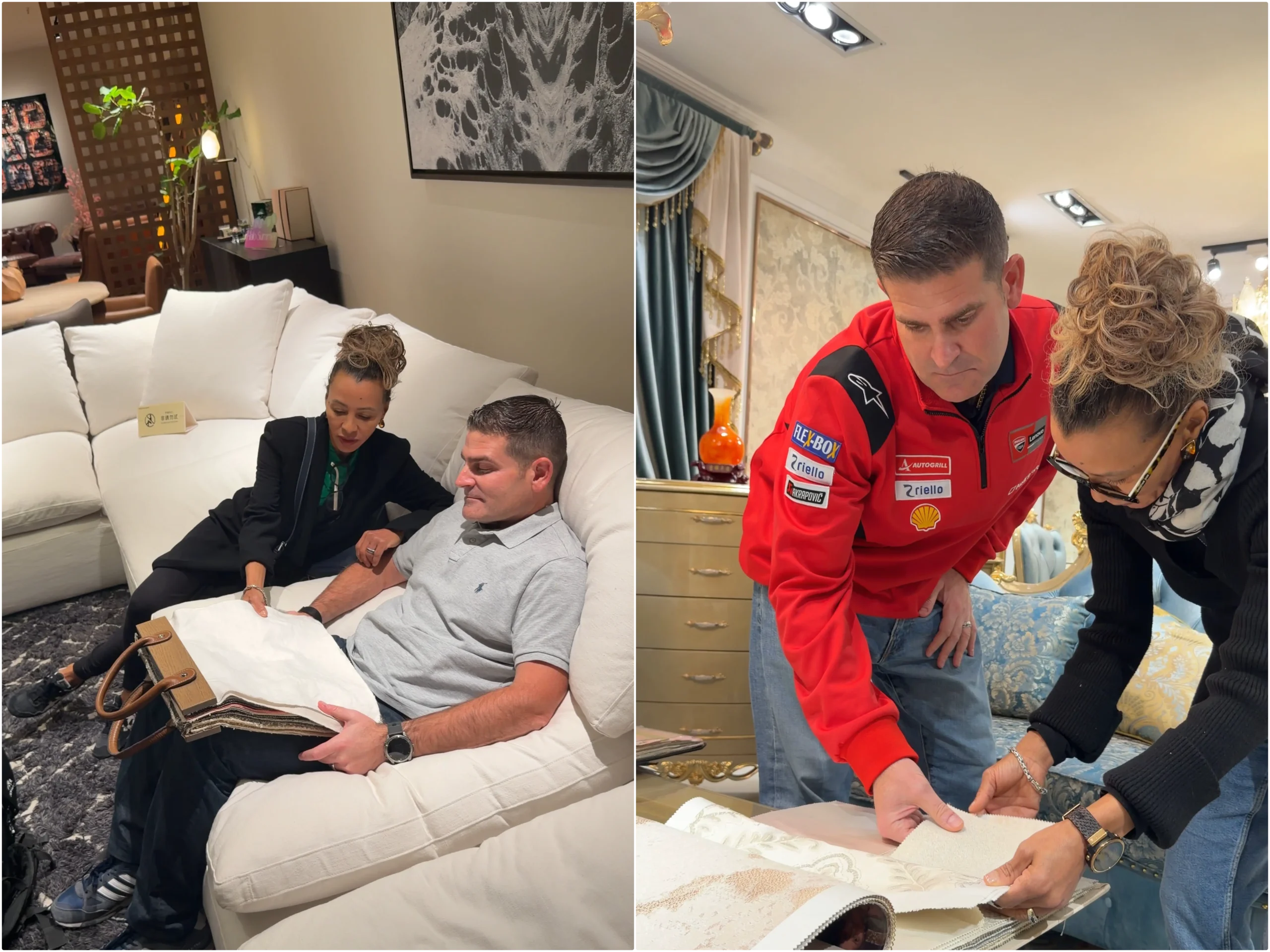 French Château Renovation: How We Sourced Furniture and Building Materials from China 3 Clients reviewing upholstery fabric samples and furniture finishes in a showroom